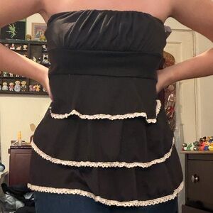Brown Strapless Tiered Top with Lace Trim
